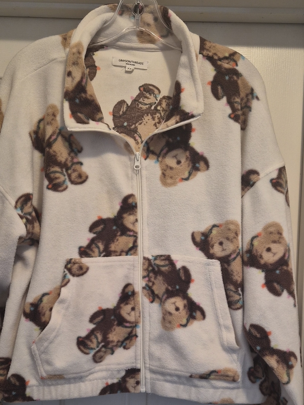 Grayson Threads White Fleece Zip Hoodie with Brown Teddy Bear Print